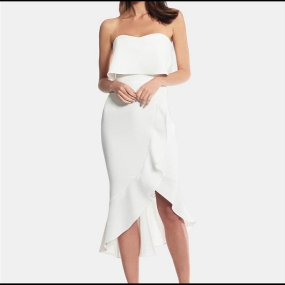 NWT. Size 4. White XSCAPE Crepe Bustier Ruffle Dress - Picture 4 of 5
